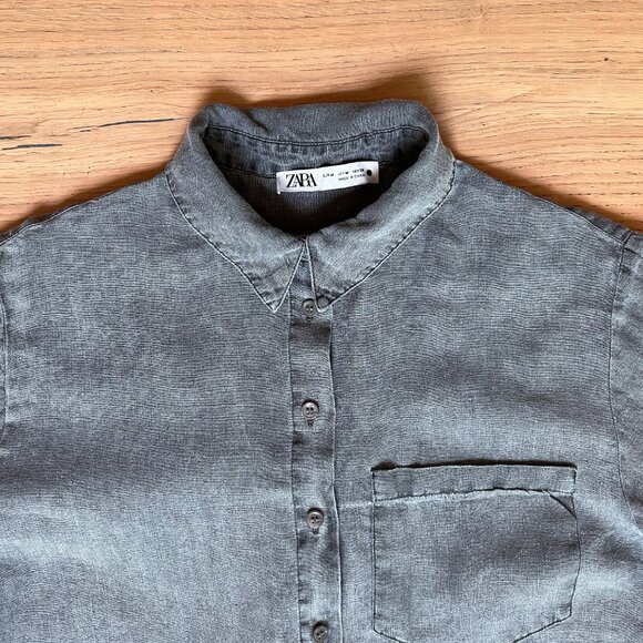 3/4 Sleeve Grey Linen Garment Dyed Button Down Shirt Zara size Med - Picture 2 of 4